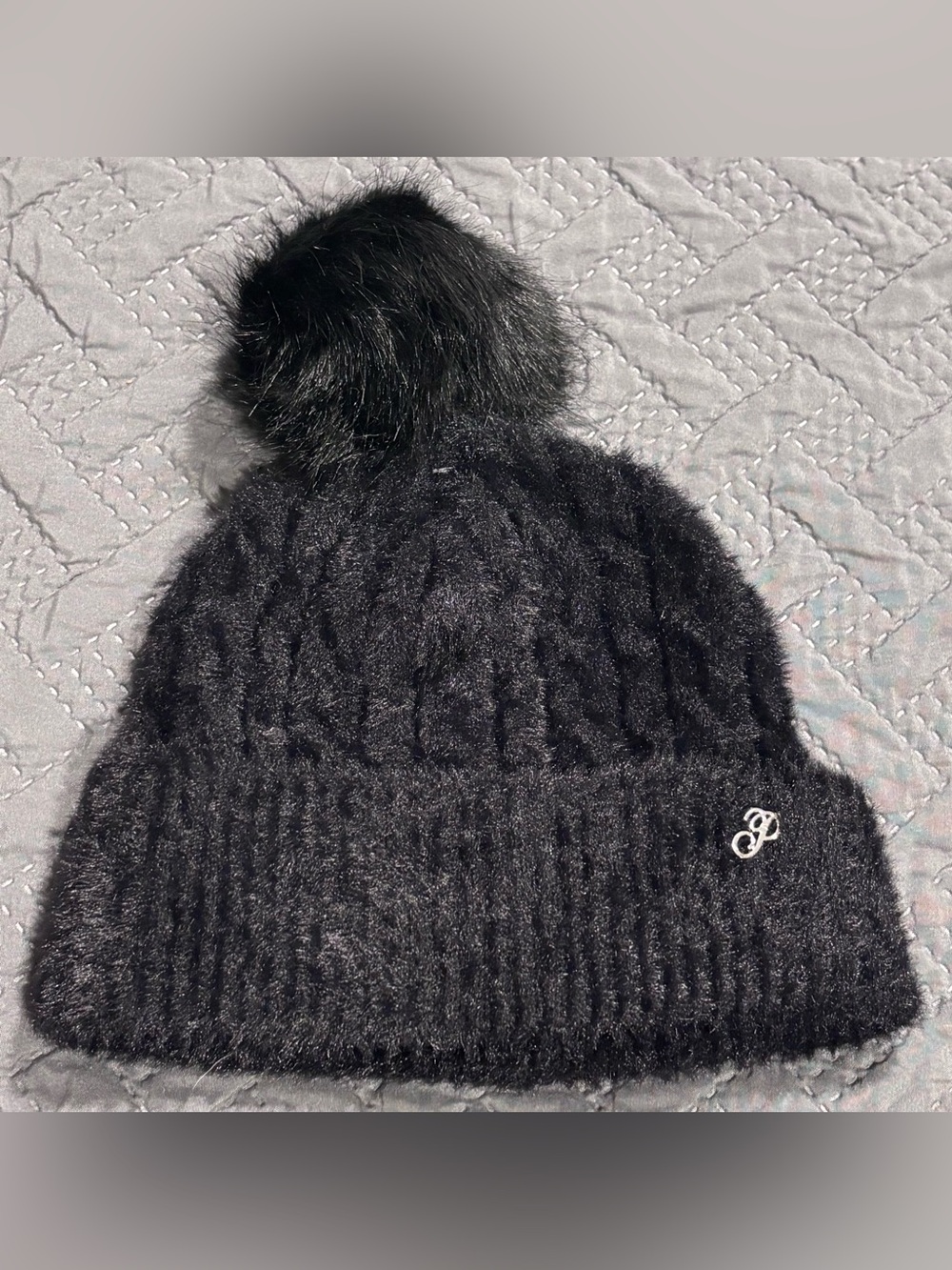 PINK Victoria's Secret Black Faux Fur Pom Beanie with Script 'P' Logo